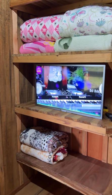 a tv sitting on a wooden shelf with alevision at Recanto Salto Ano Bom in Corupá