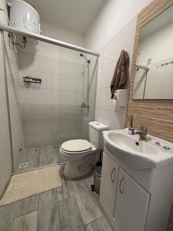 a bathroom with a toilet and a sink and a shower at La Casona Posada in Florencio Sánchez