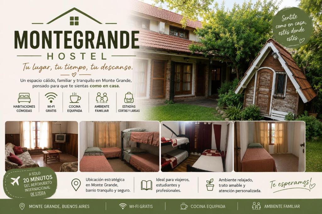 a collage of pictures of a house with a dog house at Monte Grande Hostel in Monte Grande