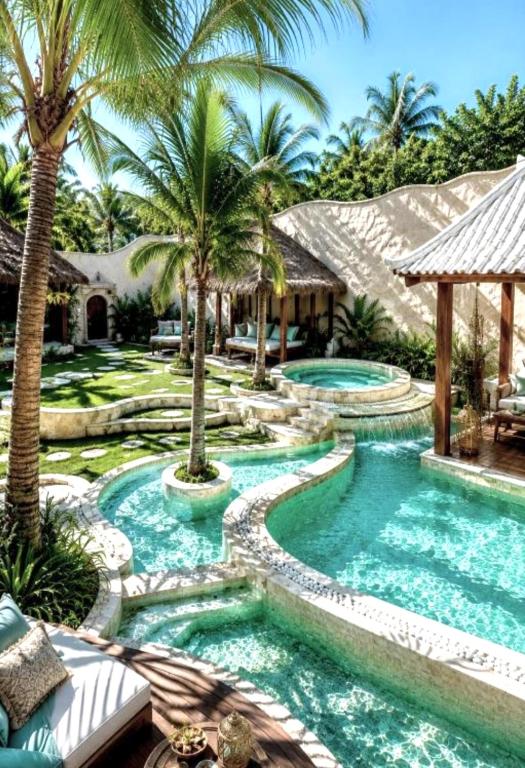 a swimming pool with palm trees in a resort at The White Key Luxury Villas in Gili Trawangan