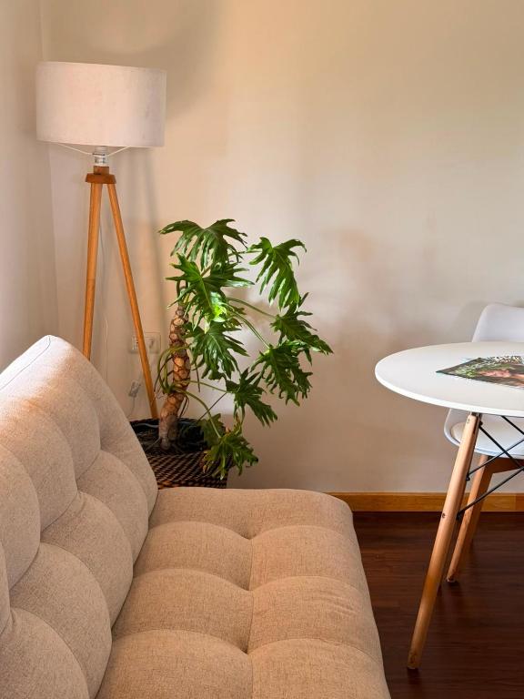 a living room with a couch and a table and a plant at Cabañas Mahatua in Hanga Roa