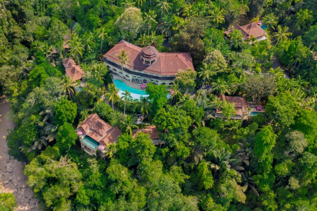 an aerial view of a house in the forest at Ayung Resort Ubud in Payangan