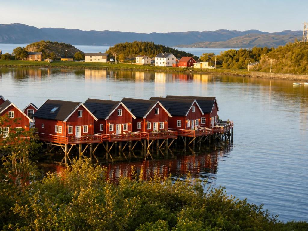 a row of houses on a dock on a body of water at Rønsholmen brygger in Beian