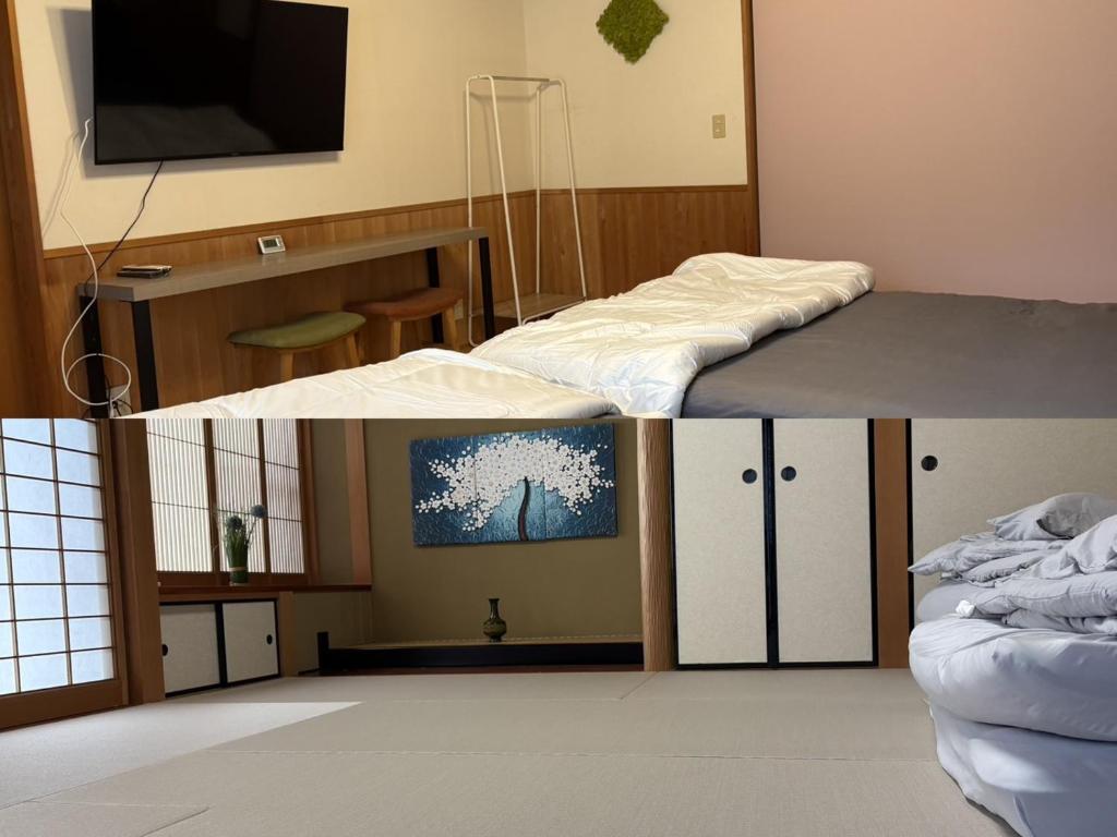 two pictures of a room with two beds and a tv at Anan Seaside House in Anan