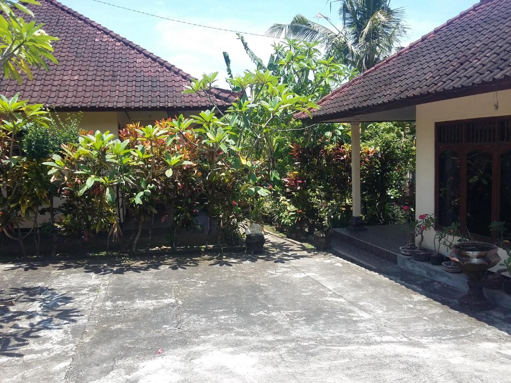 a courtyard of a house with trees and plants at Surya Homestay in Selemadeg