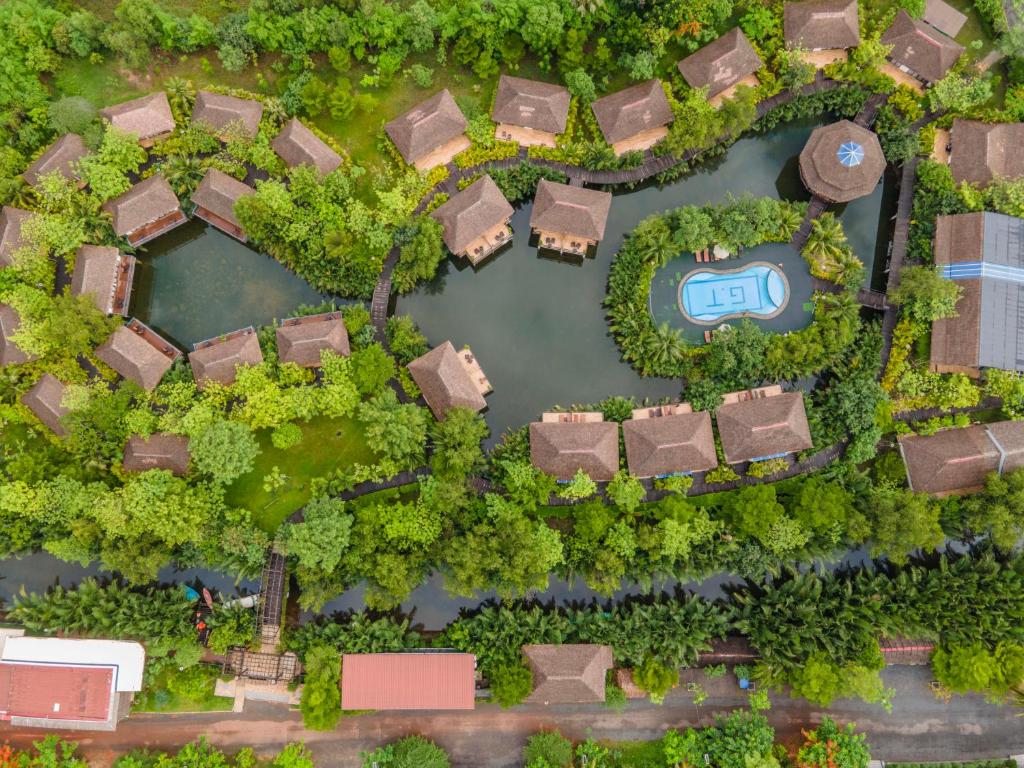 an overhead view of a villa with a lake at Good Time Relax Resort in Kampot