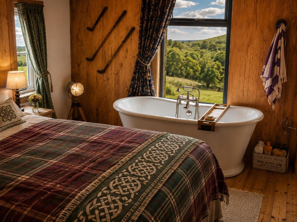 a bedroom with a bed and a tub and a window at Donegal Oceanview Retreat in Drumaville