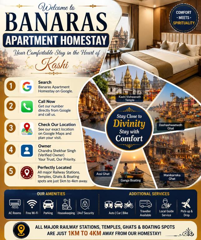 a flyer for a hotel in a hotel room at Kashi Bliss Apartment in Varanasi