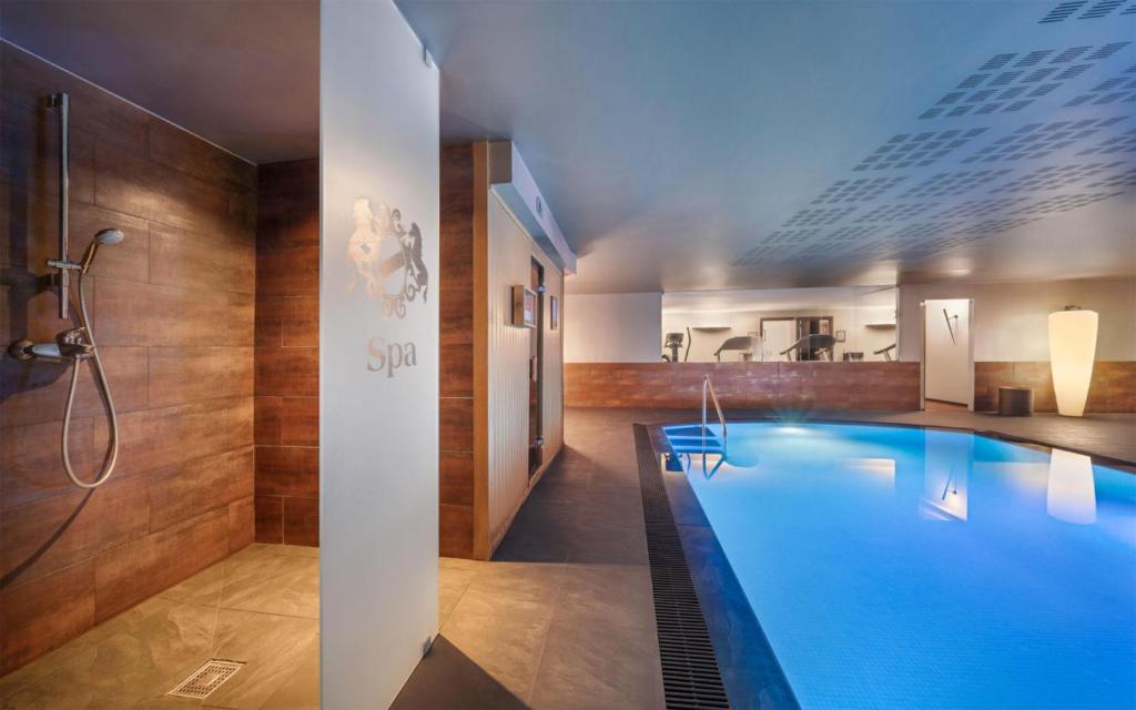 An indoor spa pool beside a wood-paneled shower area.