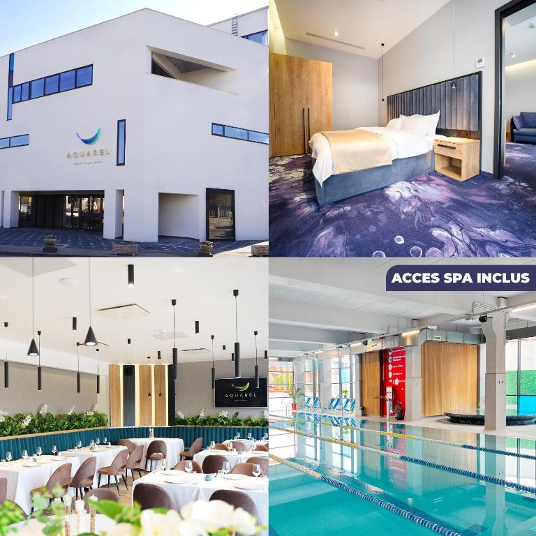 a collage of photos with a hotel room and a pool at Hotel Boutique Aquarel in Zalău