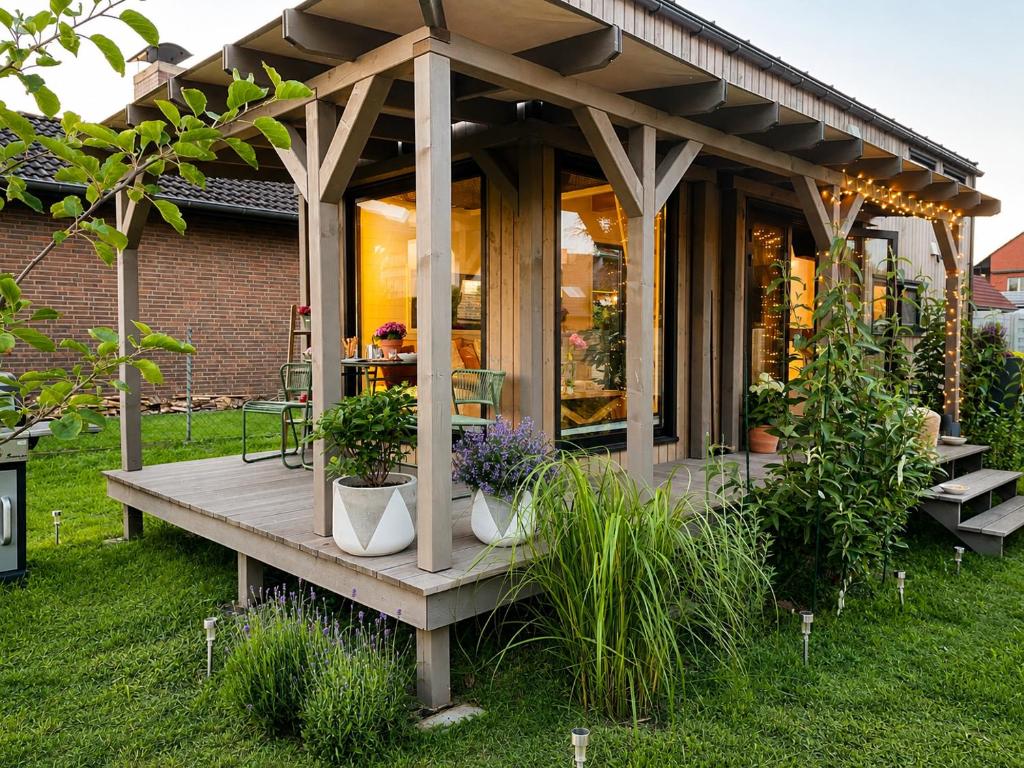 a house with a porch with potted plants on it at Tinyhaus Marie von Tinyhaus Steinhude in Steinhude