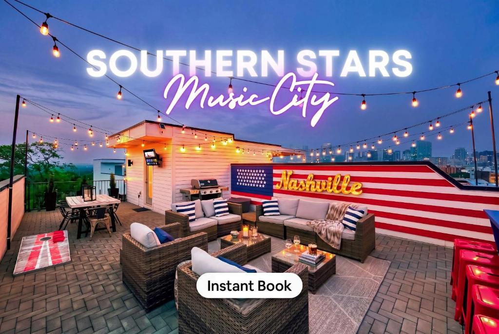 an image of a rooftop patio with an american flag at Rooftop Deck & Shuffleboard BBQ Near Downtown in Nashville