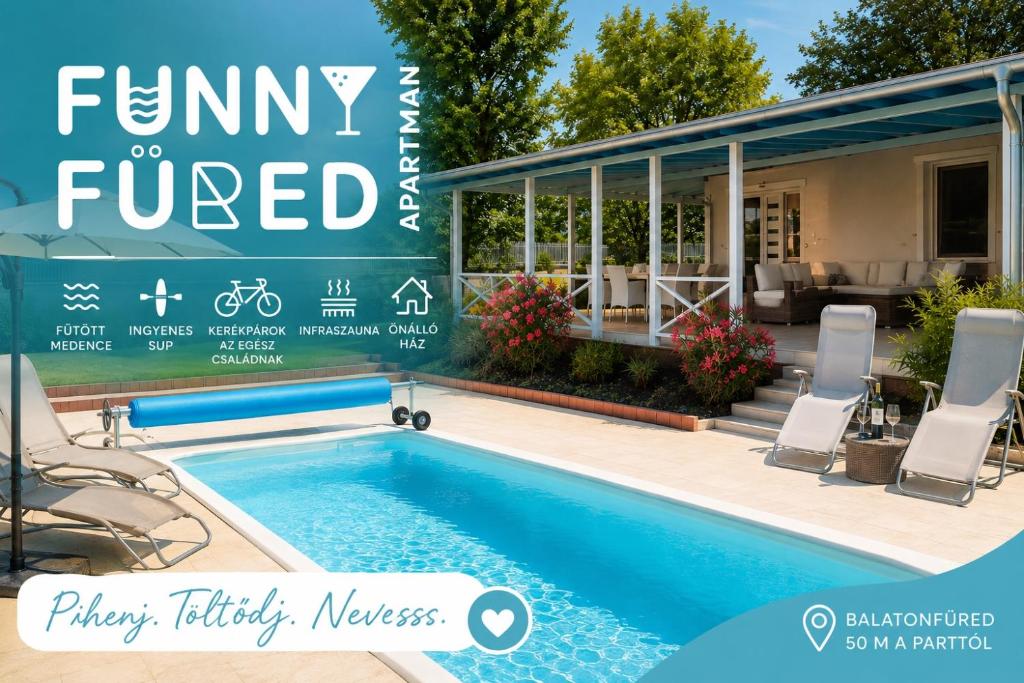 a pool in front of a house with a sign that reads funny to fired at Funny Füred in Balatonfüred