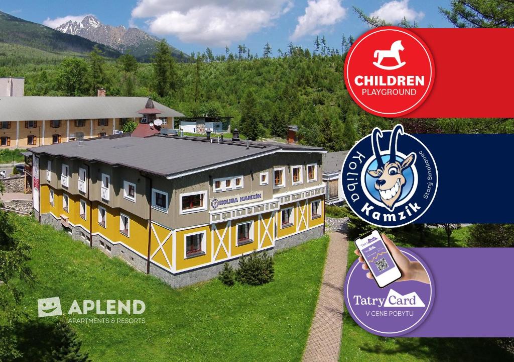 a rendering of a building with a sign next to it at APLEND Koliba Kamzík in Starý Smokovec