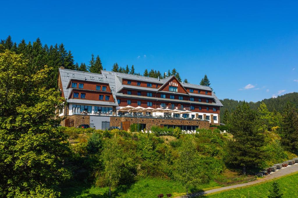 a hotel on top of a hill with trees at Grandhotel Tatra in Velké Karlovice