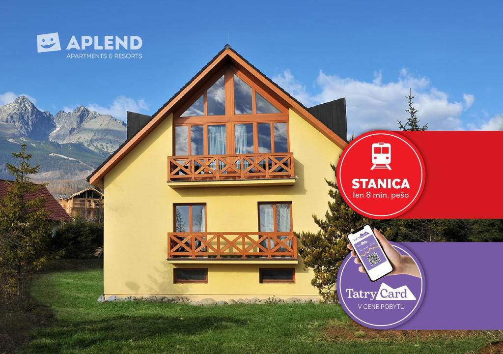a yellow house with a sign in front of it at APLEND Vila Magnolia - Tatry Card v cene in Tatranská Lomnica