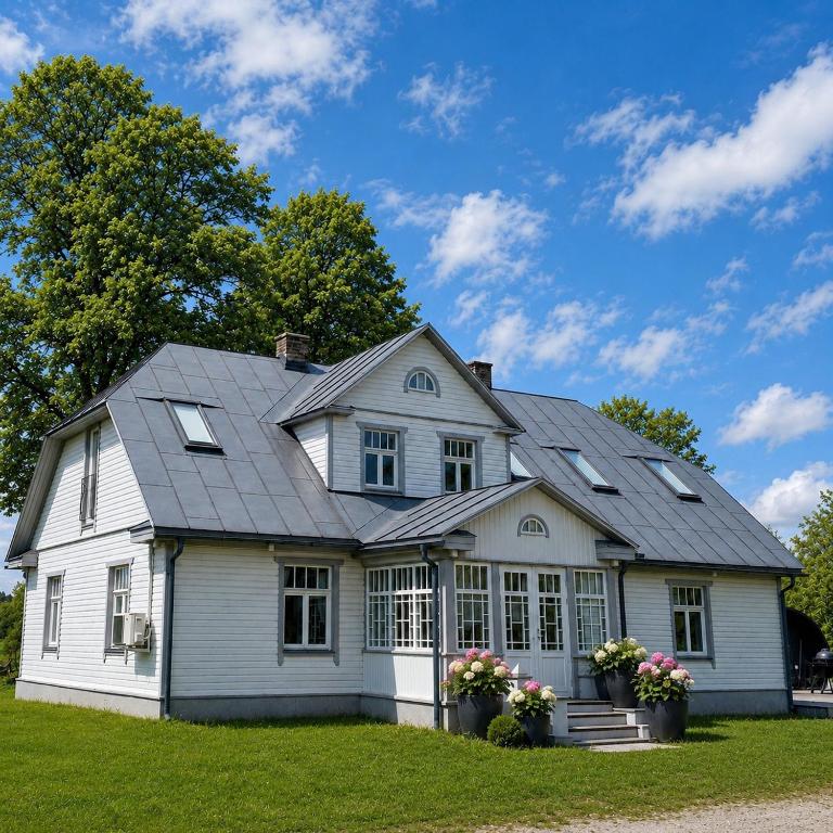 a white house with a gray roof at Jaani Mardi Puhkemaja in Sooaluse