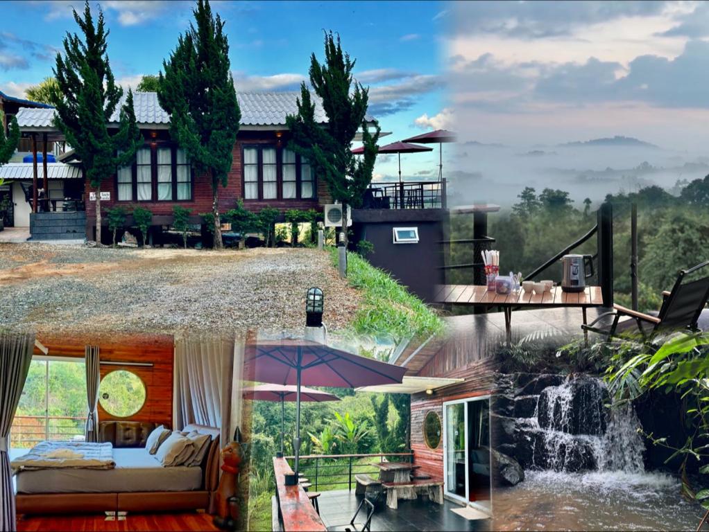 a house with a waterfall in front of it at ธารน้ำ รีสอร์ท เขาค้อ in Ban Khao Ya Nua