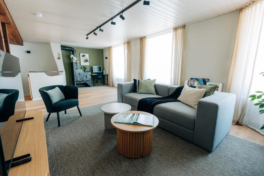 a living room with a couch and a table at 120sqm Duplex Apartment with AirC Free Parking Family & Business in Biel