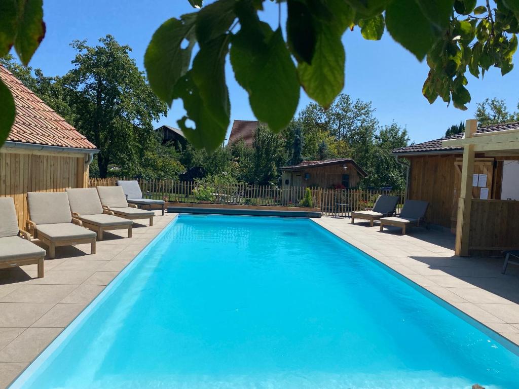 a swimming pool with chaise lounge chairs next to it at Gite Du Verger in Diebolsheim