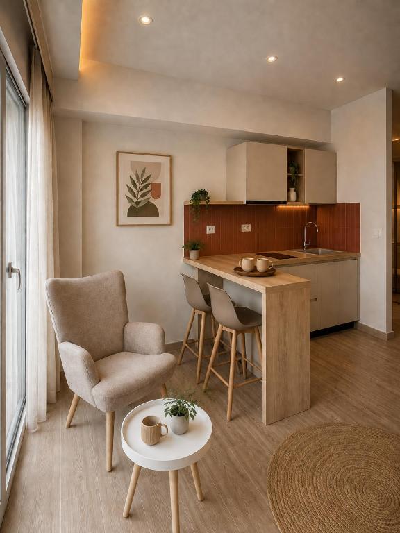 a kitchen and living room with a table and chairs at Spitaki mou - 1bd house in Mastihari