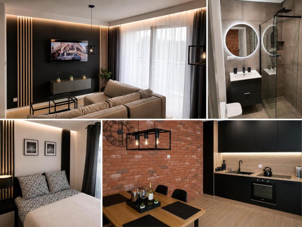 three different views of a living room and a bathroom at Apartamenty Royal in Bartoszyce