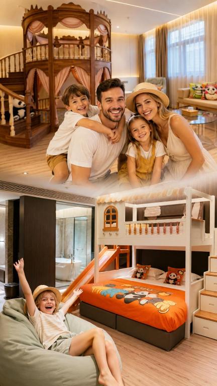 a collage of two pictures of a family in a bedroom at Xi'an Jing - Scenery Hotel in Xi'an