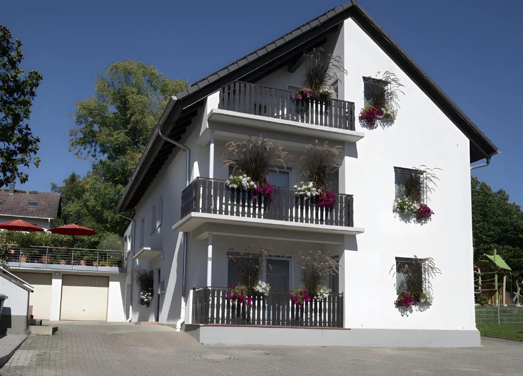 a white building with flower boxes and balconies at Haus am Buck in Müllheim