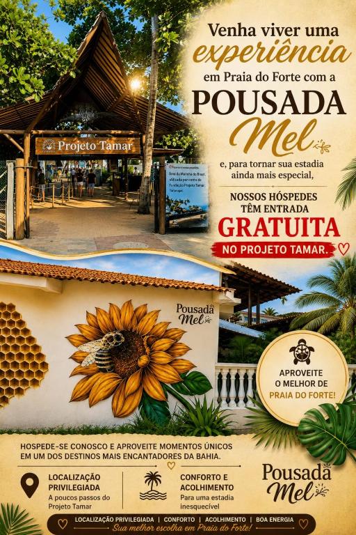 a flyer for a resort with a sunflower on it at Pousada Mel in Praia do Forte