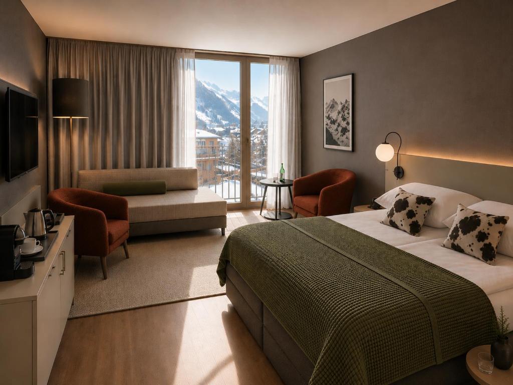 a hotel room with a bed and a living room at Hotel Steffisalp - Ski-in & Ski-out am Arlberg in Warth am Arlberg