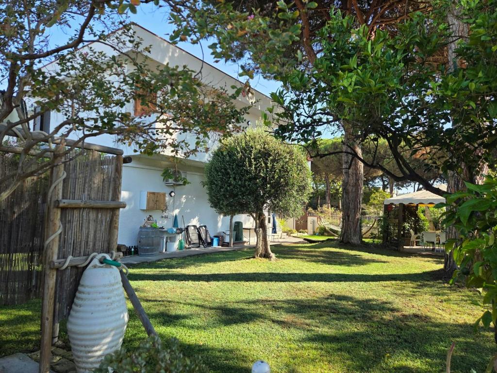a yard with a white house and trees at La casa di mare in Silvi Marina