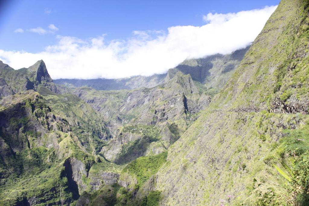 a view of a mountain valley with green vegetation at Dortoirs in La Possession