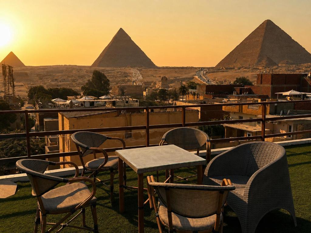 a table and chairs on a balcony with the pyramids at Narmer Pyramids View in Cairo