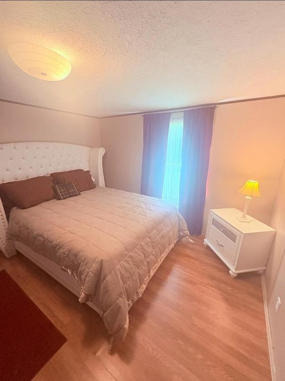a bedroom with a bed and a lamp and a window at Peace in Lake Hartwell in Hartwell