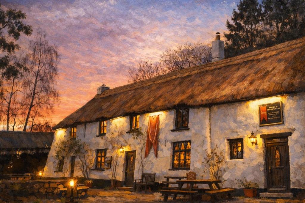 a painting of a white house with a sunset at The Cridford Inn in Trusham