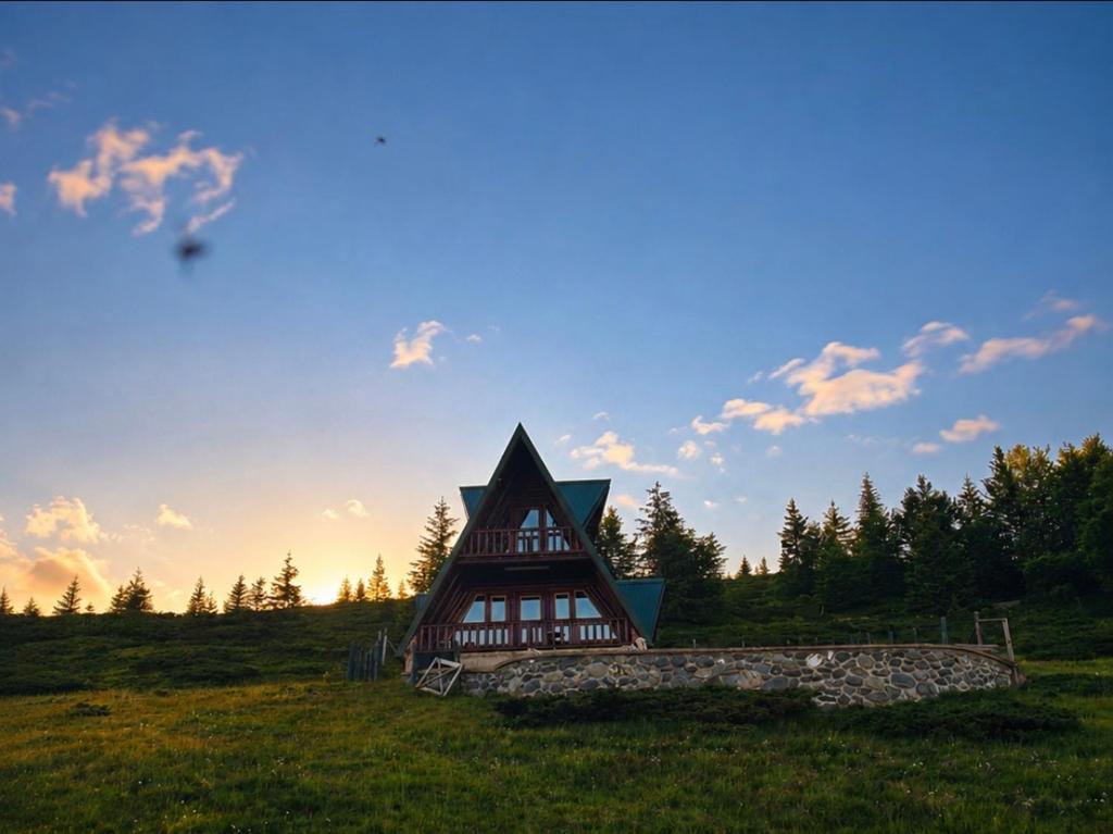 a large house in a field with trees in the background at Komovi Sky House in Andrijevica