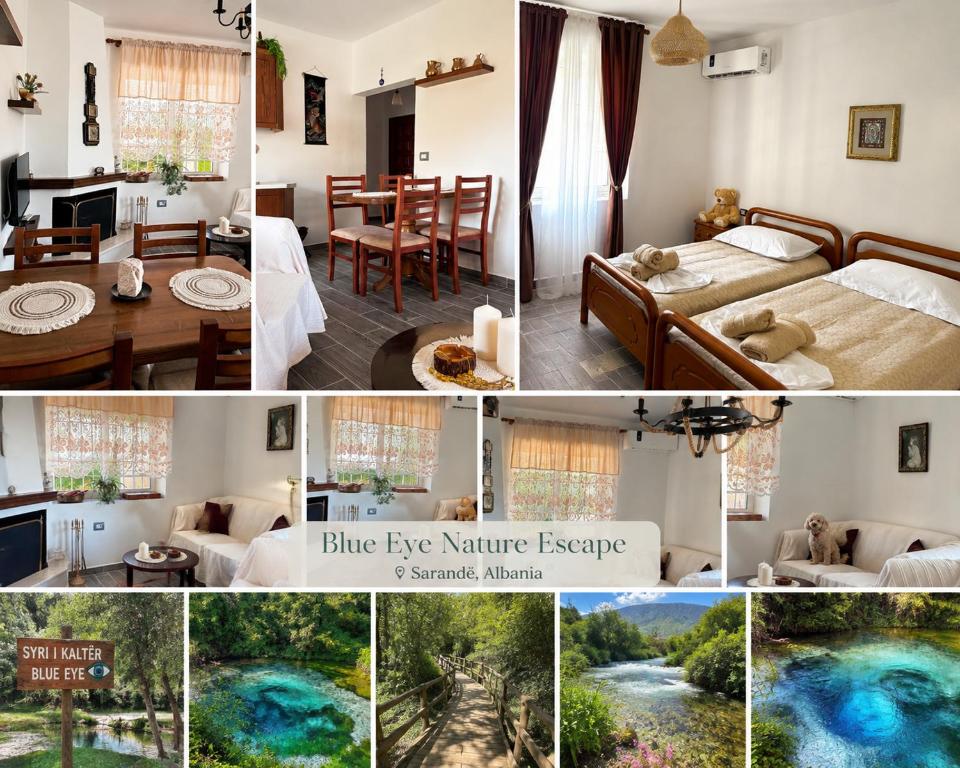 a collage of photos of a bedroom with blue eye nature escape at Blue Eye Nature Escape 