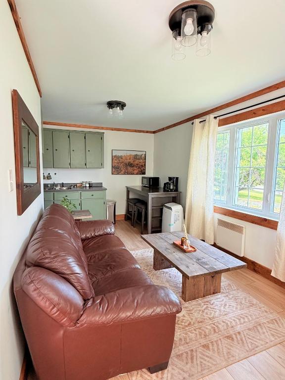 a living room with a brown leather couch and a table at Brooks Place in Deer Lake