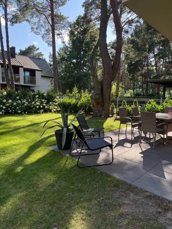 a patio with chairs and a table in a yard at Zielone Rozewie Park in Rozewie