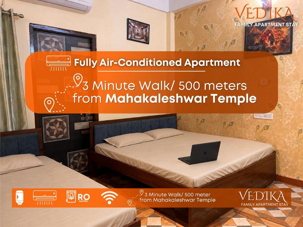 a flyer for a hotel room with two beds and a laptop at Vedika Yatri Grah - Entire Apartment in Ujjain