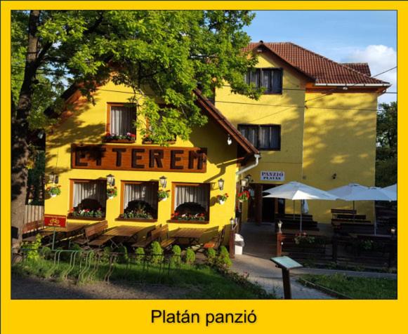 a yellow building with a sign on the side of it at Platán Panzió in Dobogoko