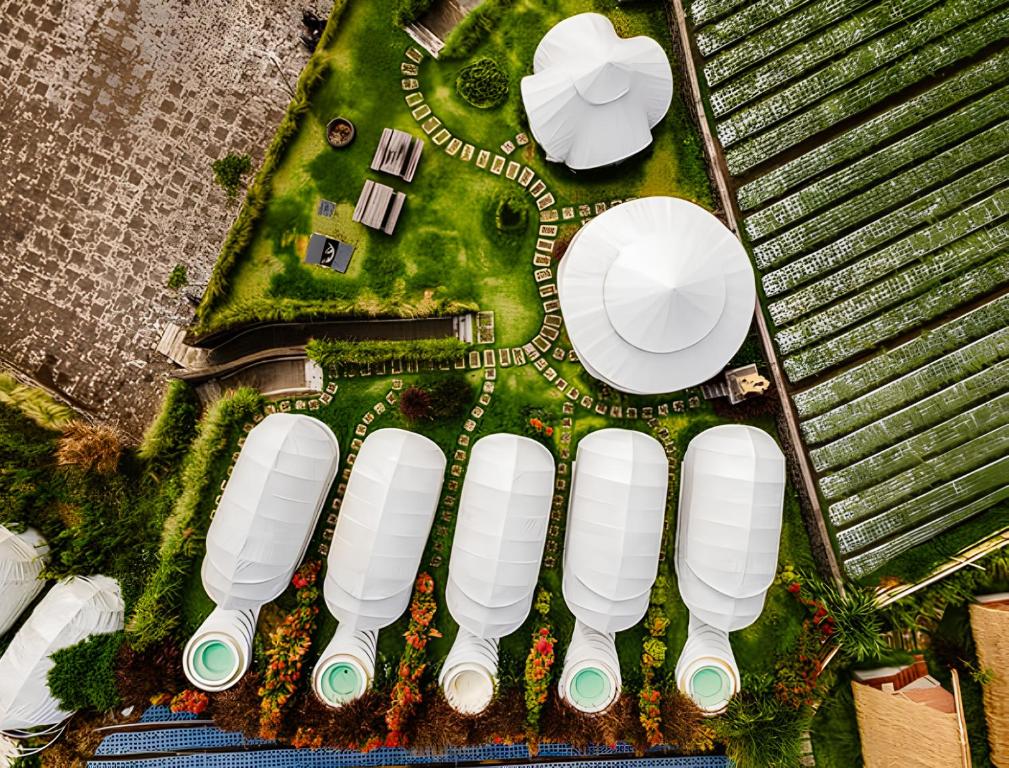 an overhead view of a building with white domes at Onion Hill Glamping by Manara in Kintamani