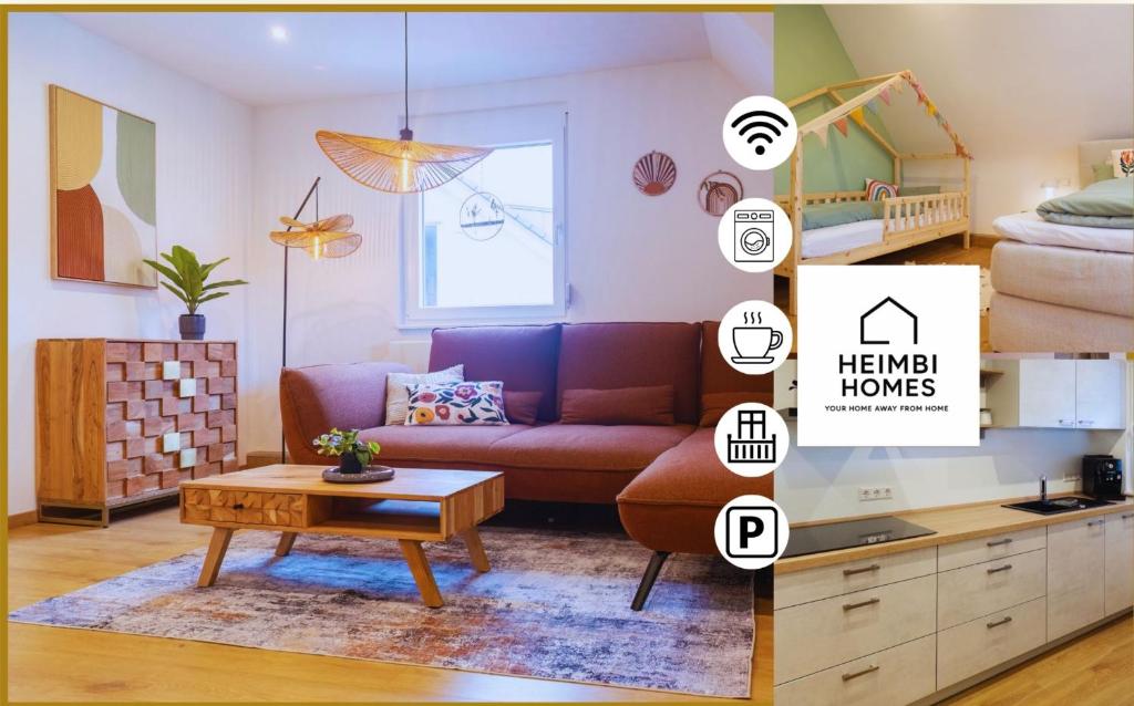 a living room with a couch and a table at Heimbi Home No 2 I 4-5 Personen I Familienfreundlich I Balkon I Nähe EuropaPark I Parkplatz I E Ladestation in Schwanau