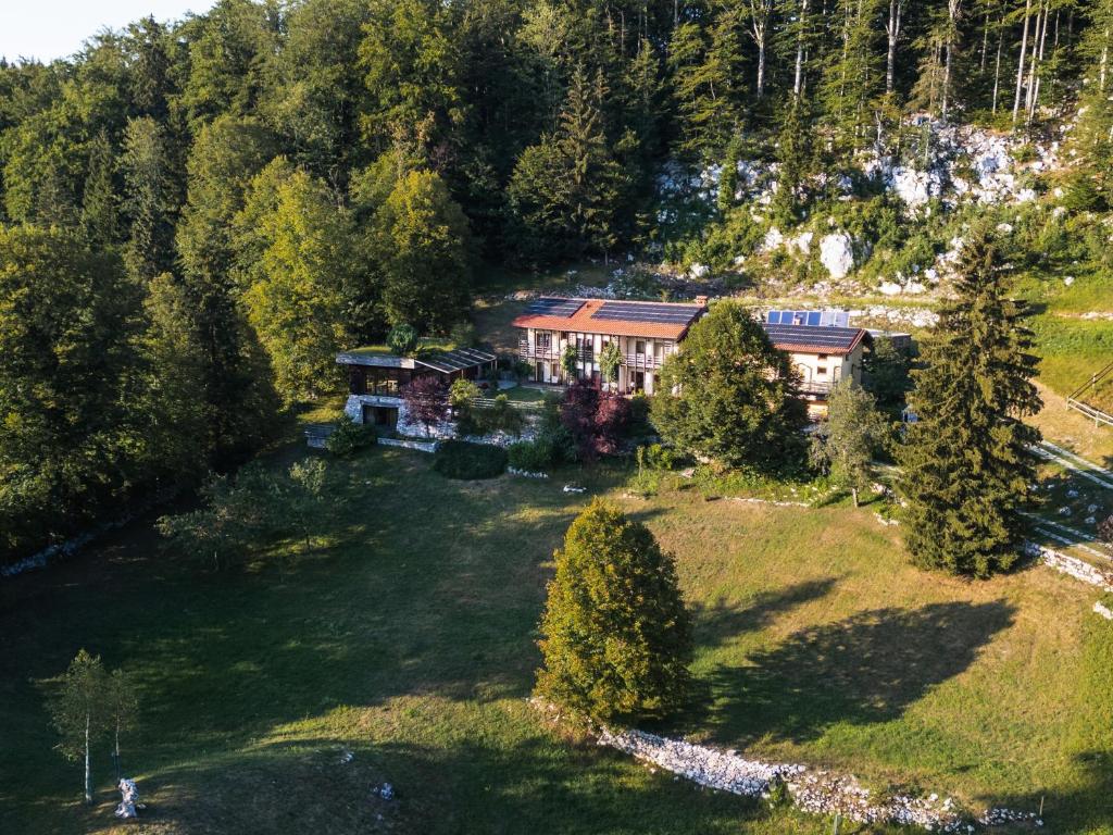 an aerial view of a large house in the woods at Posestvo Laz - The Laz Estate in Voglarji