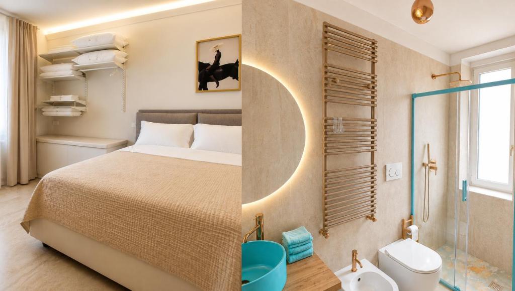 a bedroom with a bed and a bathroom with a shower at Lecco Antico Pozzo - Modern Suite in Lecco