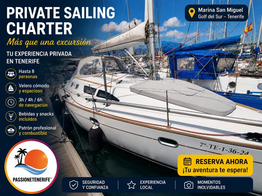 a white boat docked in a marina at Velero Passionetenerife in San Miguel de Abona