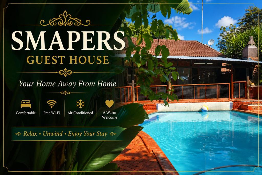 a sign for a guest house next to a swimming pool at SMAPERS GUESTHOUSE in Brits