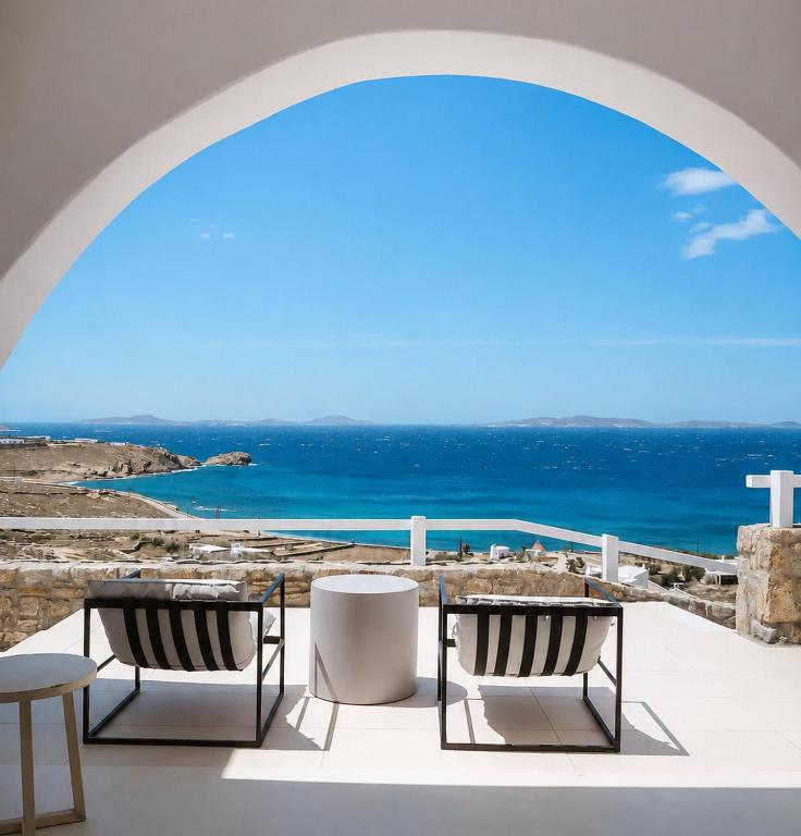 a room with two chairs and a view of the ocean at San Marco Hotel and Villas in Houlakia