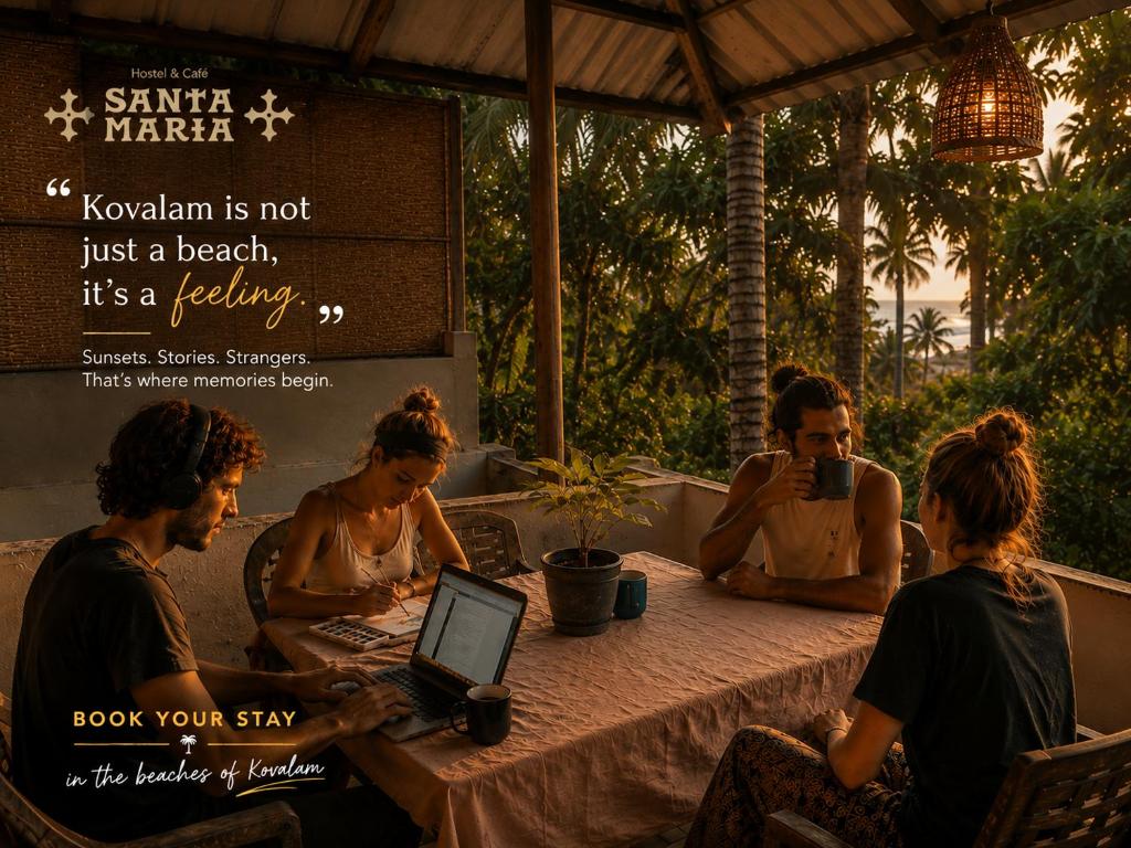 a group of people sitting around a table with a laptop at Santa Maria Hostel Kovalam in Kovalam