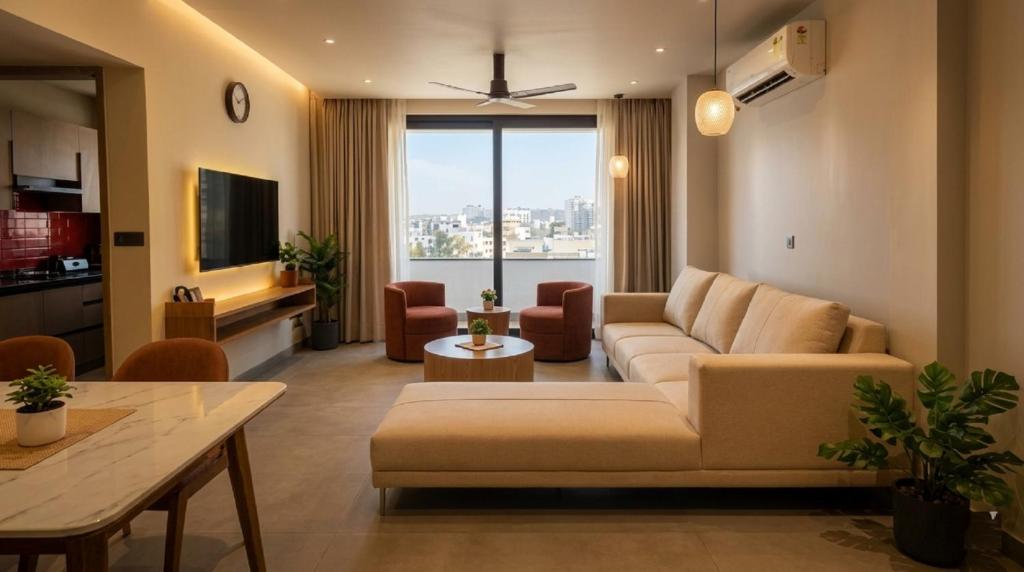 a living room with a couch and a table at Arpan Retreat in Jaipur
